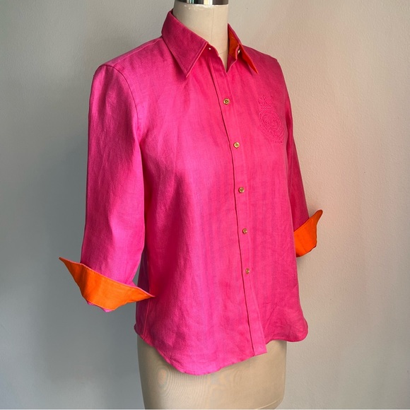 Ralph Lauren Petite Small Embroidered Crest Linen Women’s Shirt Fuchsia Pink - Picture 4 of 16
